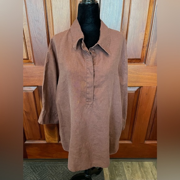 Edward Shirt Womens 1X Brown 100% Irish Linen 3/4 Sleeve Collared tunic Brown - Picture 1 of 11